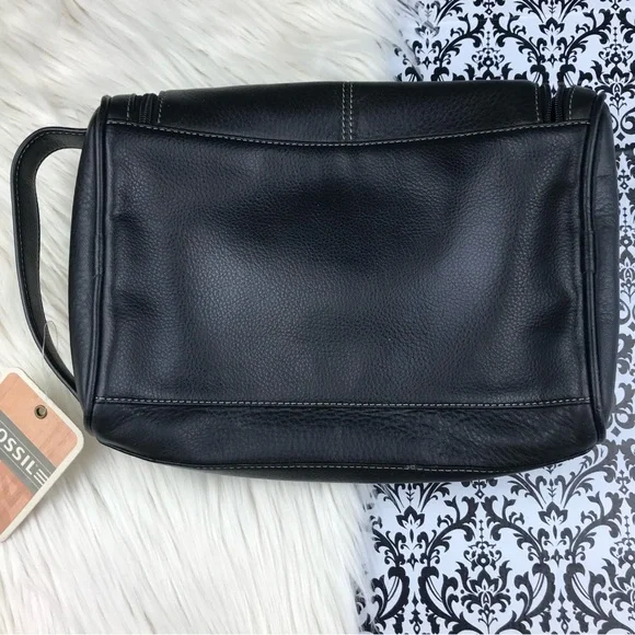 NWT : Fossil : black genuine leather classic ‘midway u zip’ utility bag handbag - Picture 3 of 10